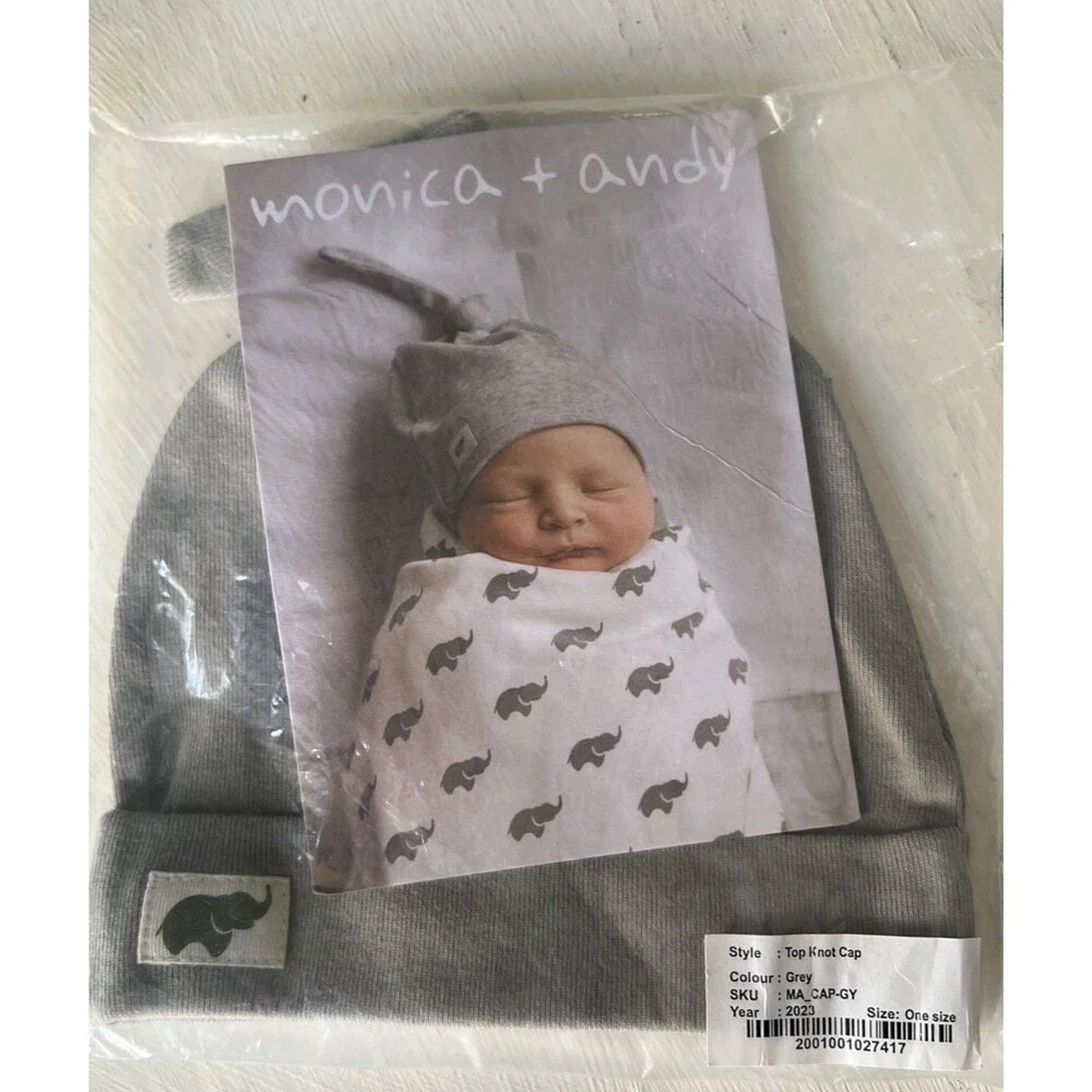 Monica+Andy Baby Beanie Gray Tie Knot Top Knit Cap OS Organic Cotton NWT